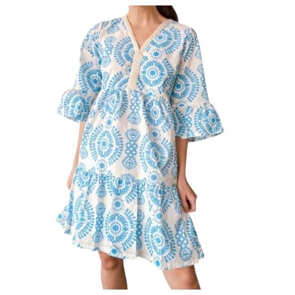 SAIPH Santorini Mini Dress Cotton Bell Sleeves Blue White Size L Italy - Picture 1 of 5